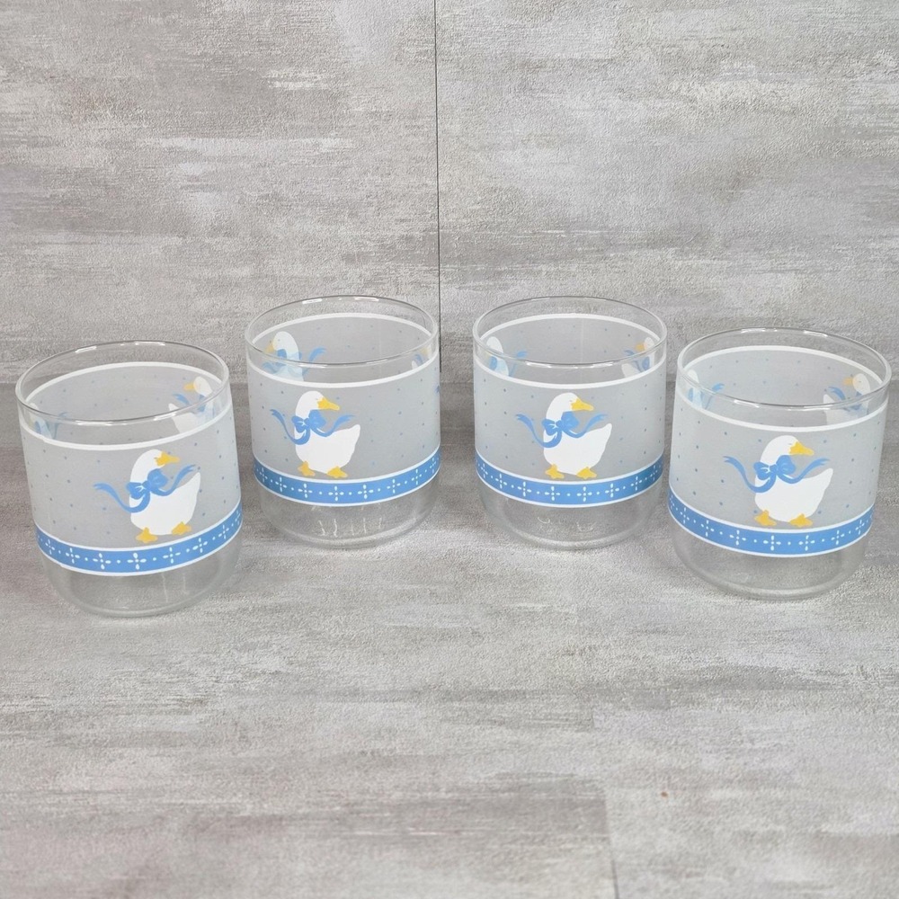 Set of 4 VTG Cottagecore Libbey Country Goose Duck Ribbon Blue Glasses Farmhouse